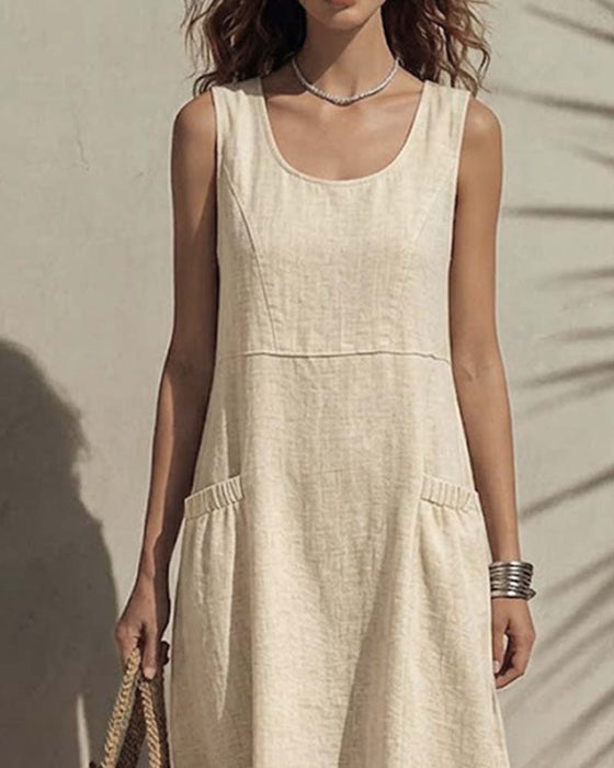 U-Neck Pocket Sleeveless Solid Dress