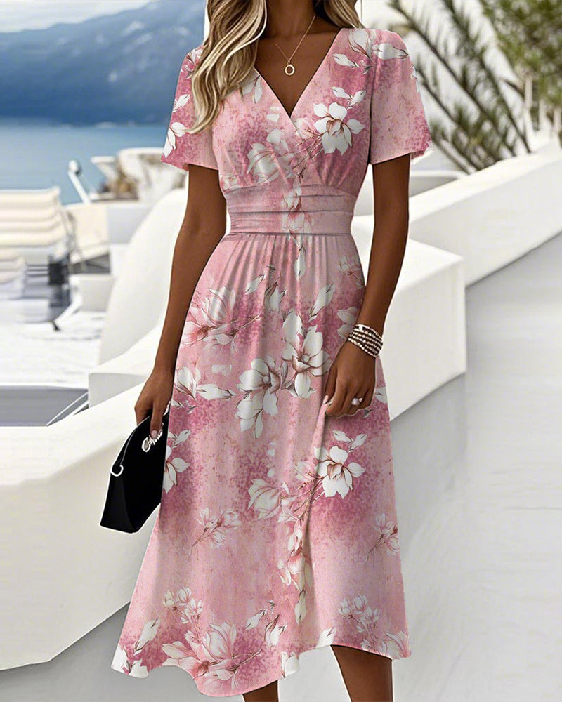 Orchid Print V-Neck Casual Dress