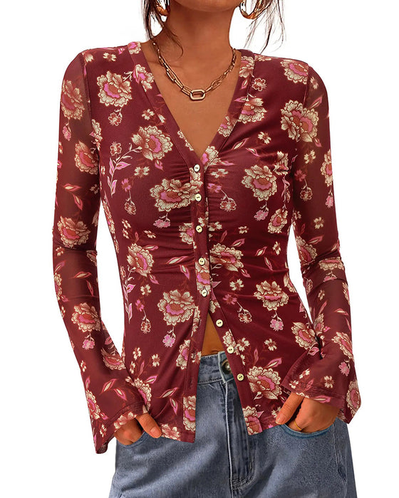 V-Neck Button Slit Fitted Top