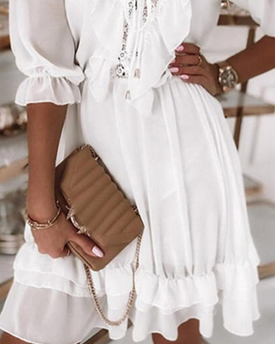 Lace V-neck Ruffle Short Dress