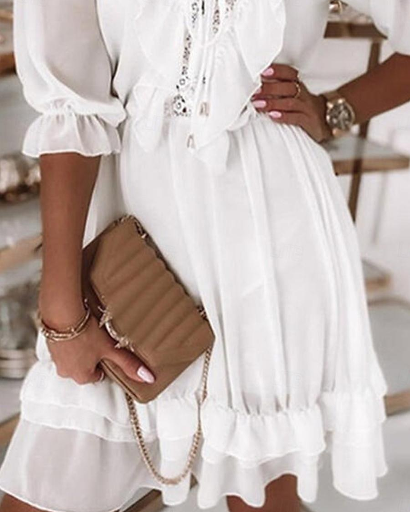 Lace V-neck Ruffle Short Dress