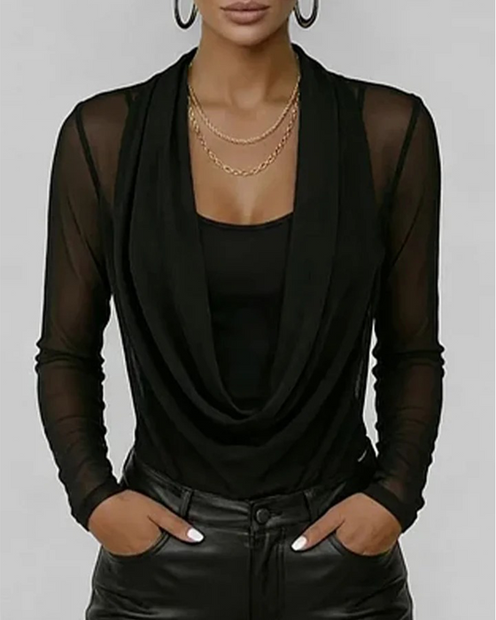 Mesh Layered Cowl Neck Long Sleeve Two-Piece Set