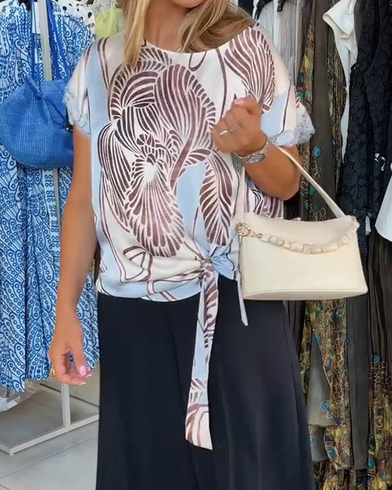 Round Neck Lace-Up Irregular Blouse