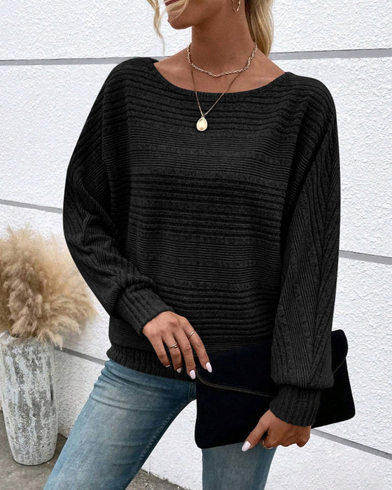 Solid Color Round Neck Long Sleeve Striped Top