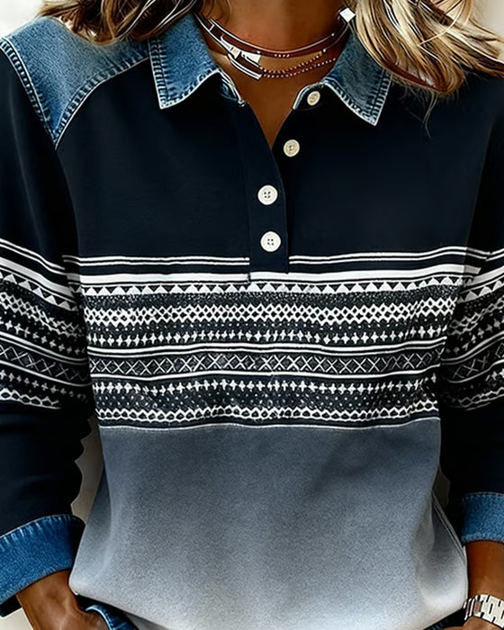 Button Lapel Striped Gradient Sweatshirt