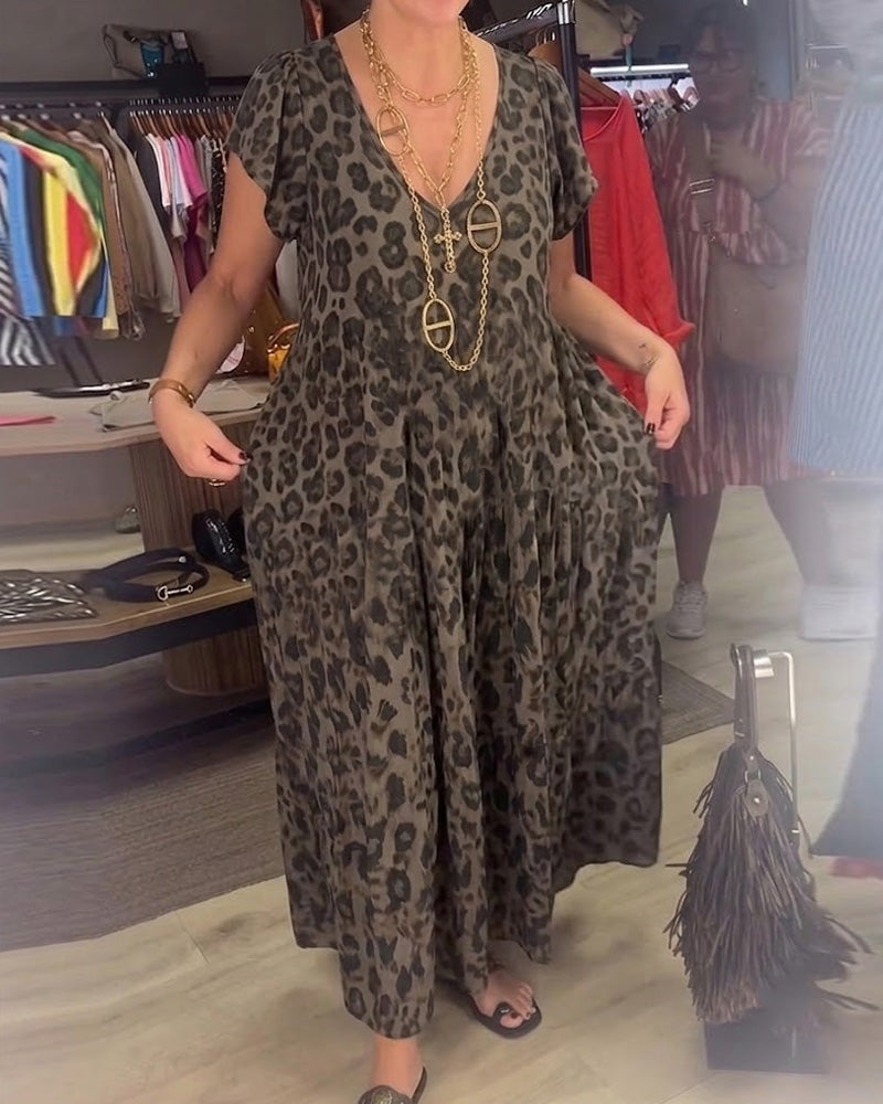 V-Neck Leopard Short Sleeve Dress