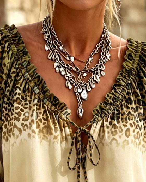 V-Neck Leopard Print Lace-Up Blouse