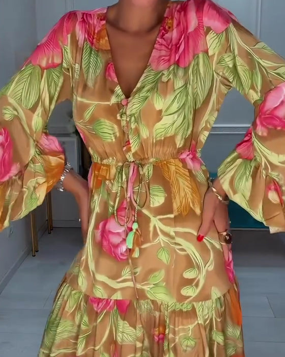 V-Neck Full Skirt Floral Dress