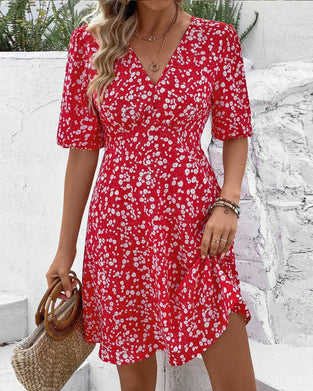 Floral V-Neck Short Dress
