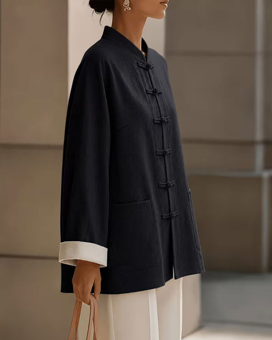 Solid Color Buttoned Stand Collar Coat