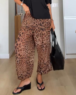 Elastic Waist Leopard Print Wide Leg Long Pants