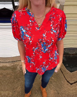 V-Neck Floral Print Short-Sleeved T-Shirt