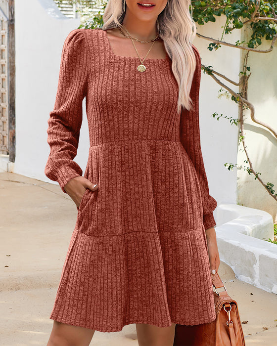 🍂2025 Autumn New Style⏰Women's Square Neck Lantern Sleeve Ribbed Dress