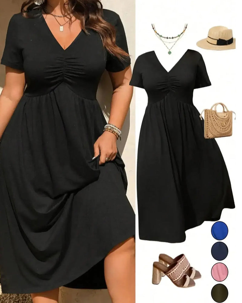 V-Neck Shirred Short Sleeve Flared Dress