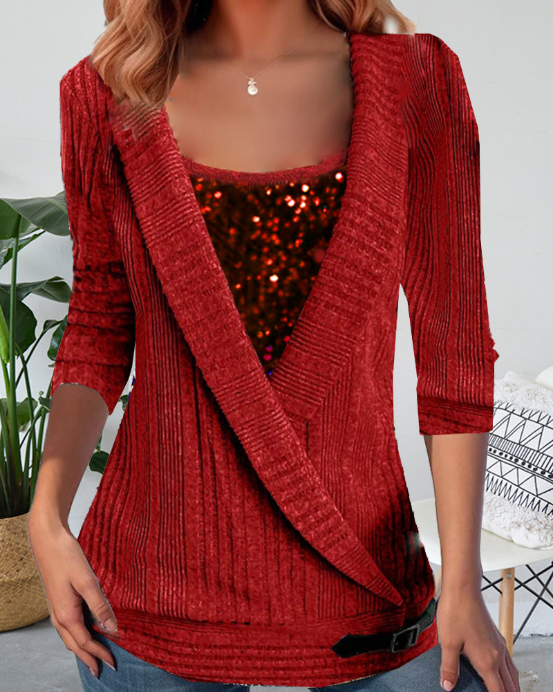 Fashion solid color sequin square neck fake two piece top