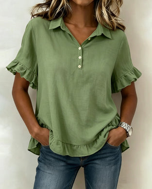 Lapel Half Placket Ruffle Sleeve Blouse