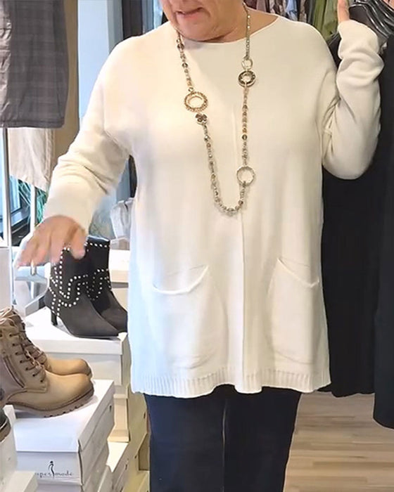 Round Neck Solid Color Pocket Loose Pullover