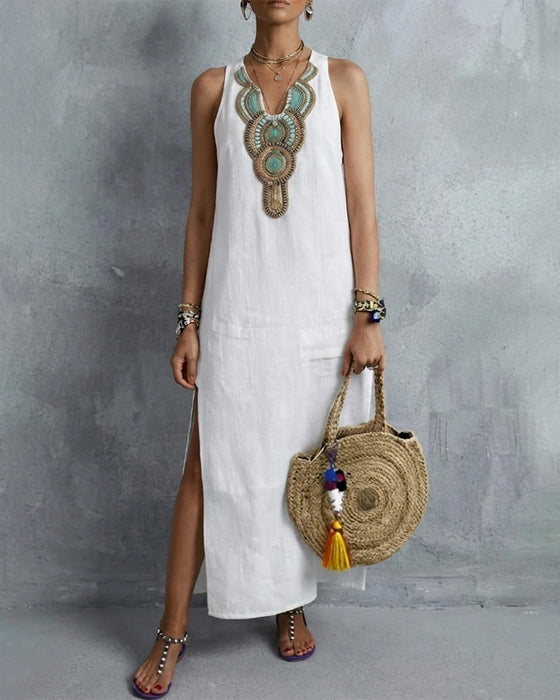 Sleeveless V-Neck Bohemian Long Dress