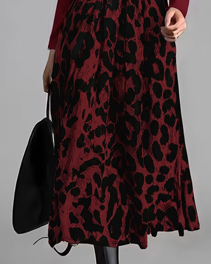 Crew Neck Leopard Full Skirt Dress