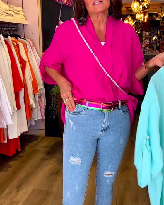 Casual solid color V-neck three-quarter sleeve blouse