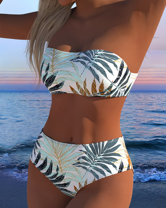 Tropical Plant Print Strapless Bikini