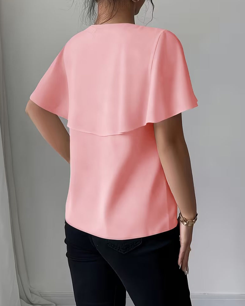 Solid Color Bow V-Neck Blouse