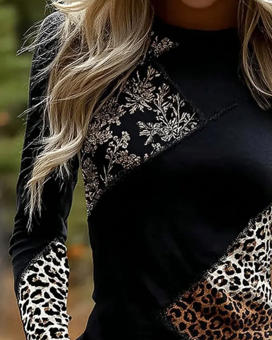 Crew Neck Leopard Patchwork Long Sleeve Top