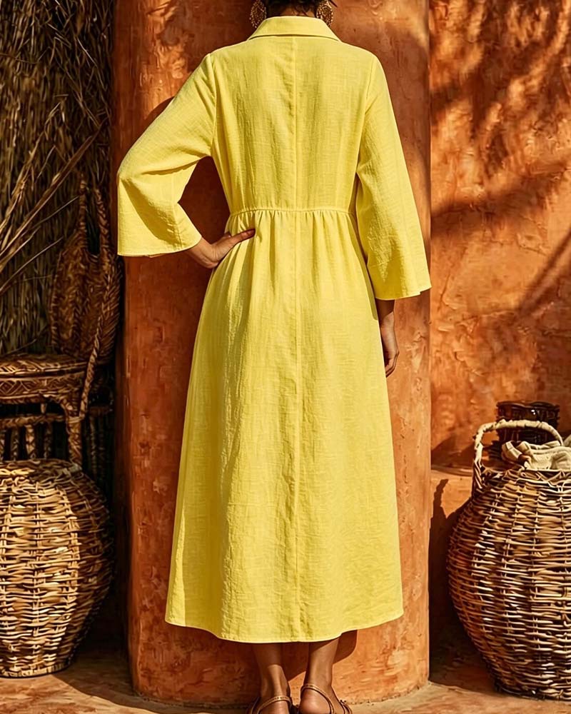 Shirt Collar Shirred Long Sleeve Dress