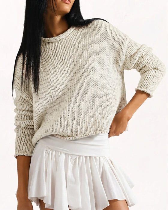 Crew Neck Short Long Sleeve Solid Pullover