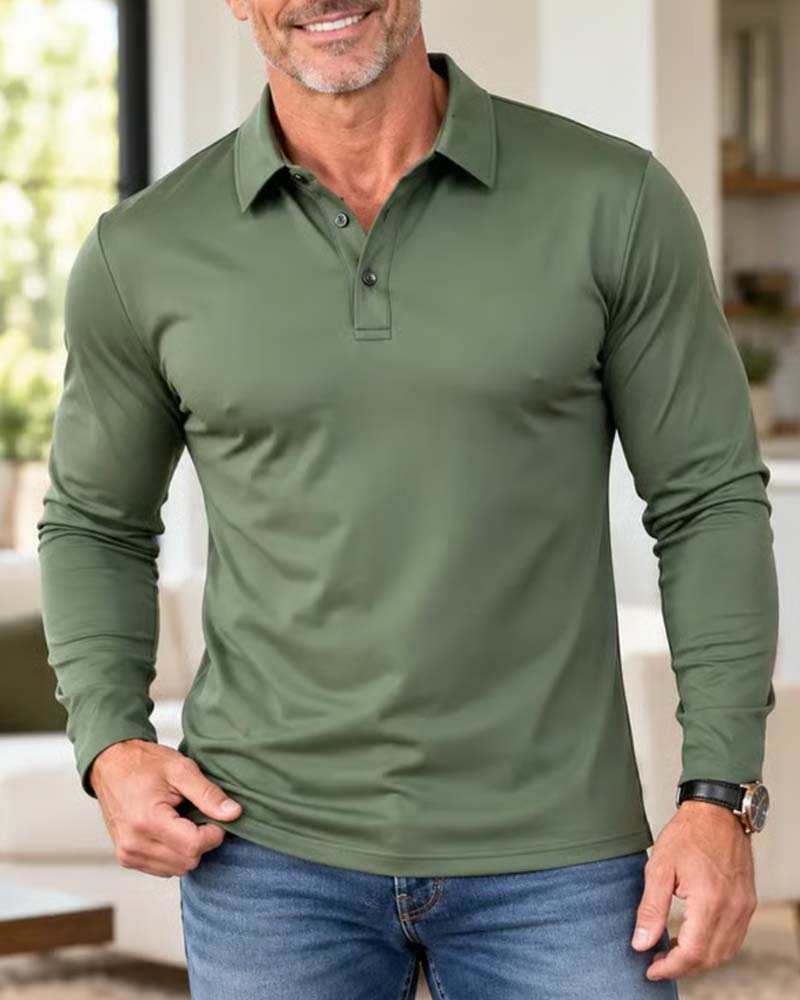 Men's Long-Sleeve Collared Button-Placket Polo Shirt