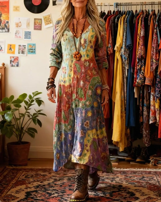 Oil Painting-Style V-Neck Dress