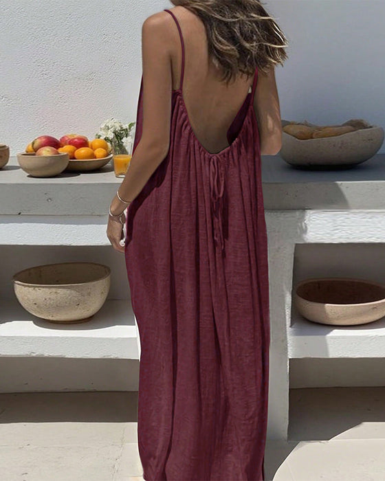 Solid Color Shirred Backless Spaghetti Strap Maxi Dress