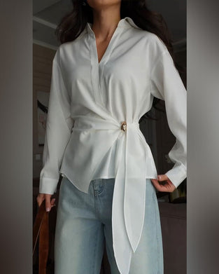 Solid Color Belted Blouse