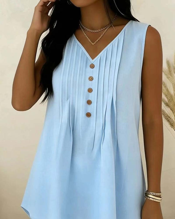 V-Neck Sleeveless Ruffle Button Tank Top