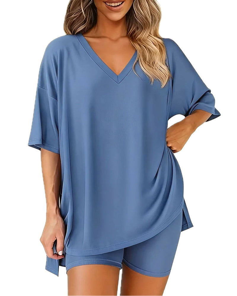 Relaxed Solid V-Neck Two-Piece Set
