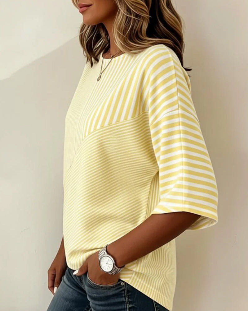Striped Crew Neck Color Block T-Shirt