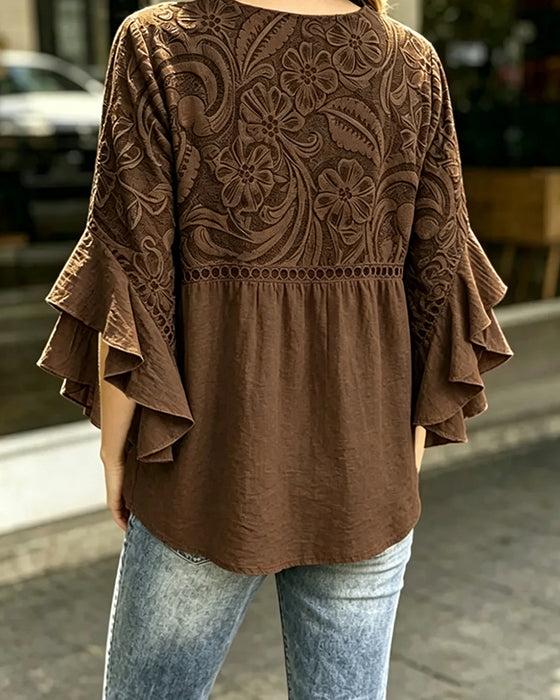 Vintage Floral Print Asymmetrical Ruffle Sleeve Blouse