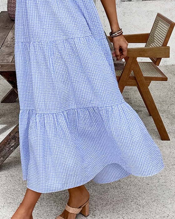 Blue White Gingham V-Neck Dress