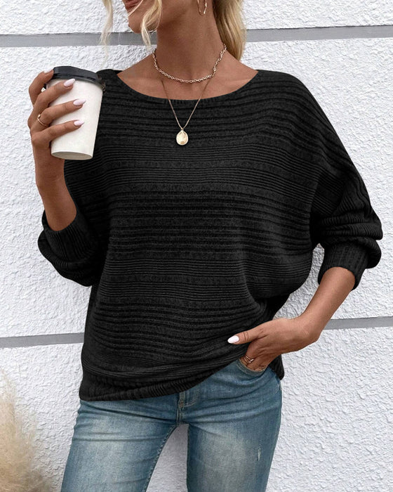Solid Color Round Neck Long Sleeve Striped Top