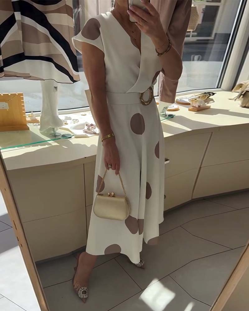 Polka Dot V-Neck Waist-Cinching Dress