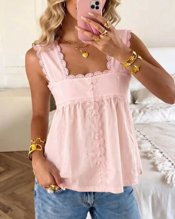 Solid Color Square Neck Lace Tank Top
