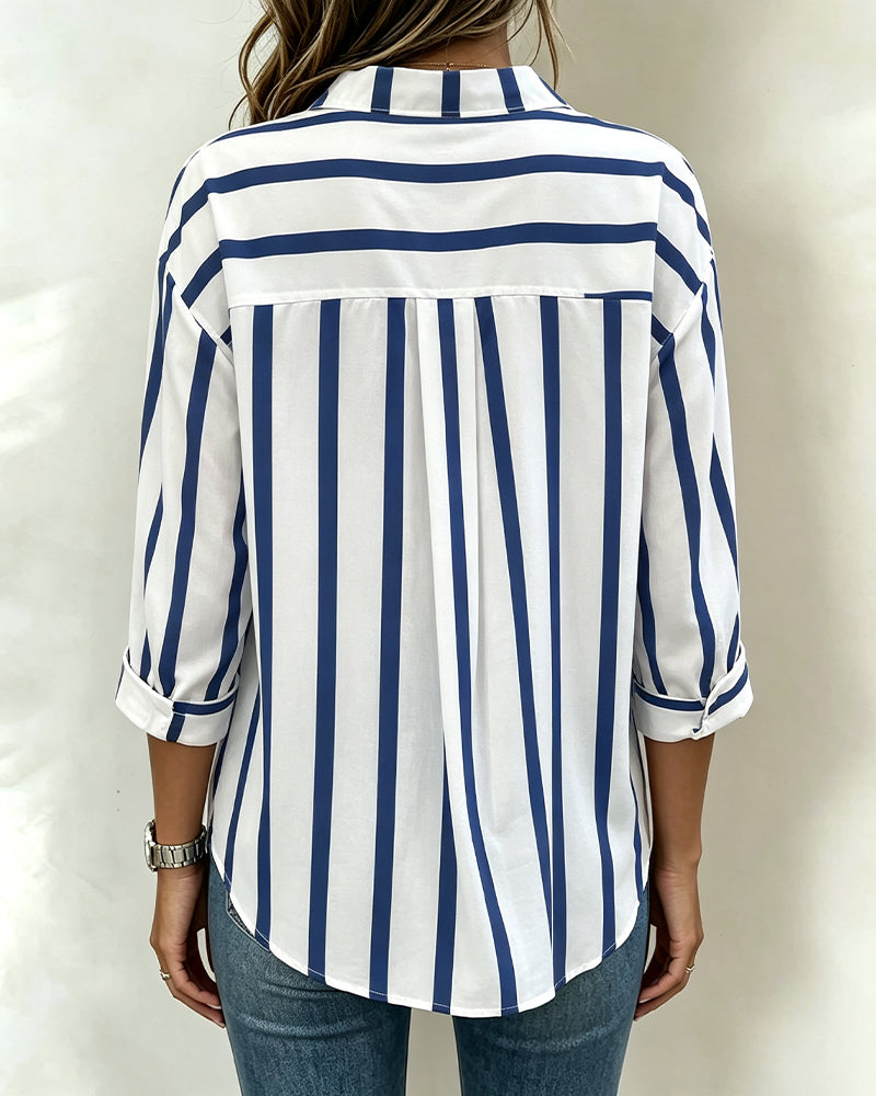 Lapel Striped Button-Down Blouse