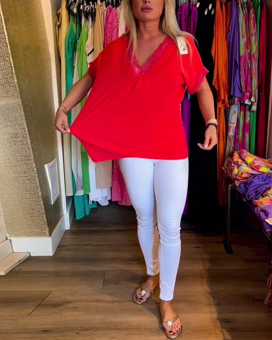 Spliced lace v-neck solid color top