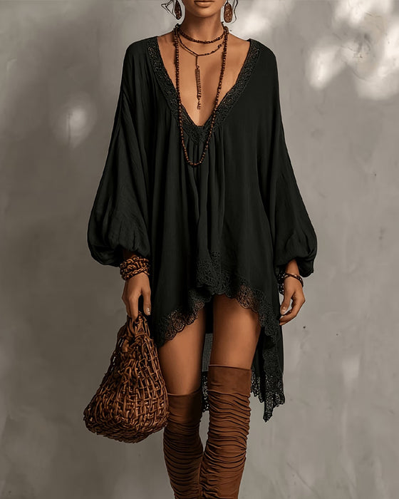 V-Neck Lace Asymmetric Dress
