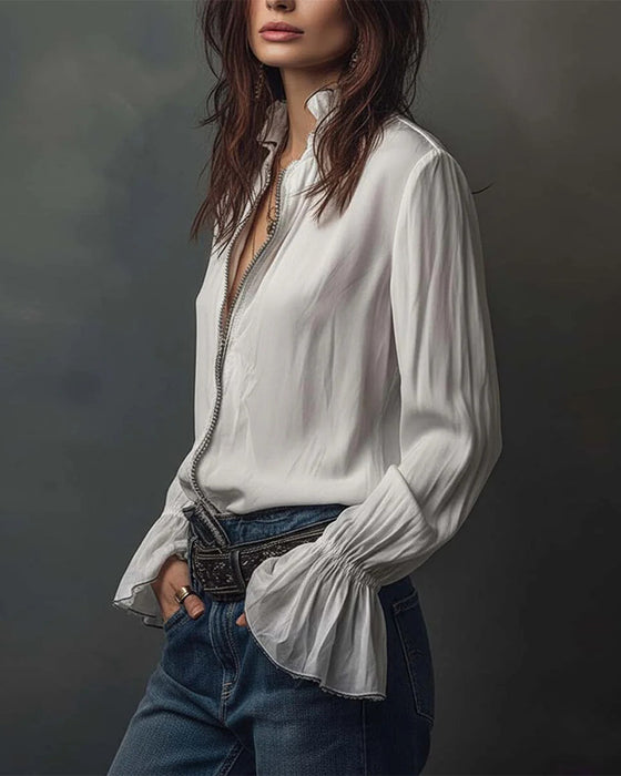 Stand-Collar Bell Sleeve Blouse