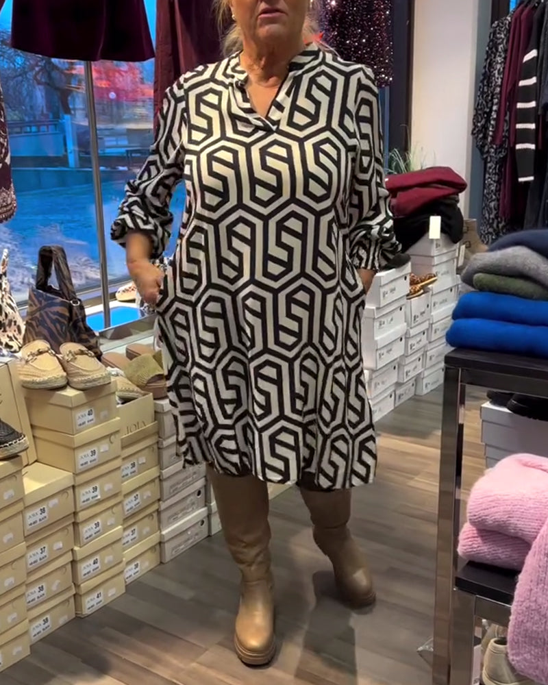 Stylish V-Neck Geometric Pattern Dress
