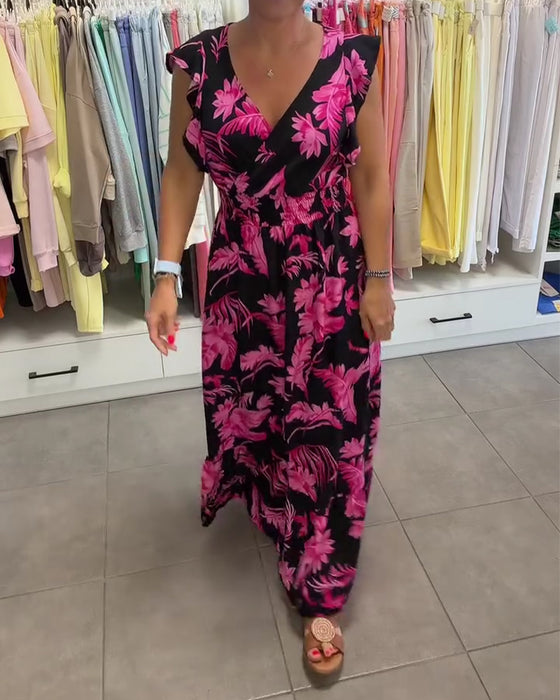 Tropical Floral V-Neck Fitted Waist Long Dress