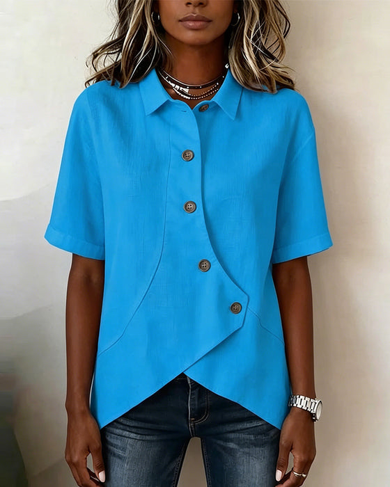 Asymmetrical Cotton Linen Placket Button-Down Shirt