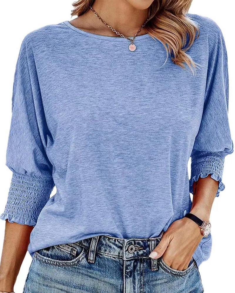 Loose Round Neck Shirred Cuff T Shirt