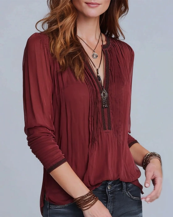 V-Neck Contrasting Long-Sleeved Blouse